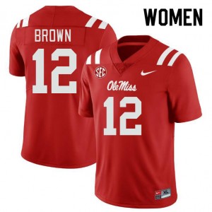 Women Bralon Brown Red Ole Miss College Football #12 Jersey 759256-136