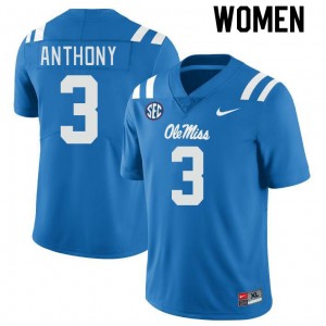 Women Daijahn Anthony Powder Blue University of Mississippi College Football #3 Jersey 343464-418