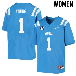 Women Isheem Young Powder Blue Rebels College Football #1 Jersey 514991-891
