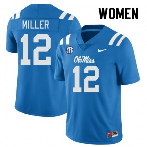 Women Jett Miller Powder Blue Rebels College Football #12 Jersey 536447-456