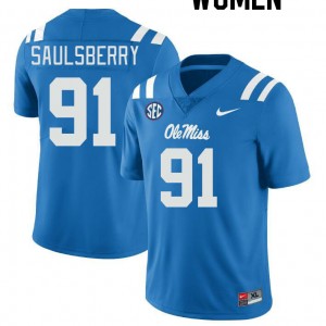 Women Myles Saulsberry Powder Blue Rebels College Football #91 Jersey 161348-830