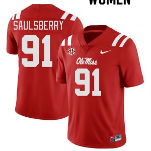 Women Myles Saulsberry Red University of Mississippi College Football #91 Jersey 176842-118