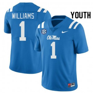 Youth Ayden Williams Powder Blue Rebels College Football #1 Jersey 155040-427