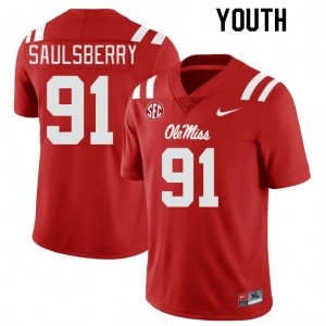 Youth Myles Saulsberry Red Ole Miss Rebels College Football #91 Jersey 749396-895